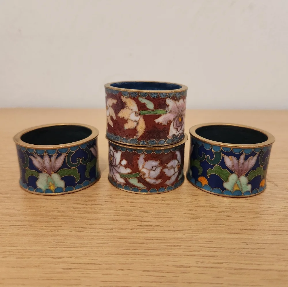 Vintage Cloisonne Floral Napkin Rings Set of 4